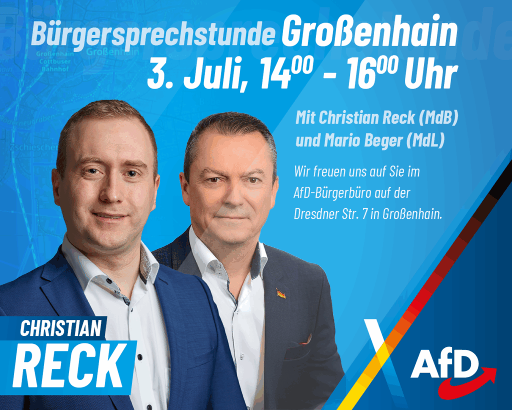 Christian Reck Sharepic Bürgersprechstunde am 3.7. in Großenhain